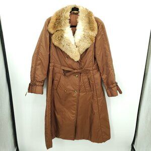 VTG fleet street Rabbit Fur Collar Belted Nylon Insulated Trench Coat L/XL
